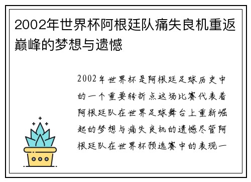 2002年世界杯阿根廷队痛失良机重返巅峰的梦想与遗憾